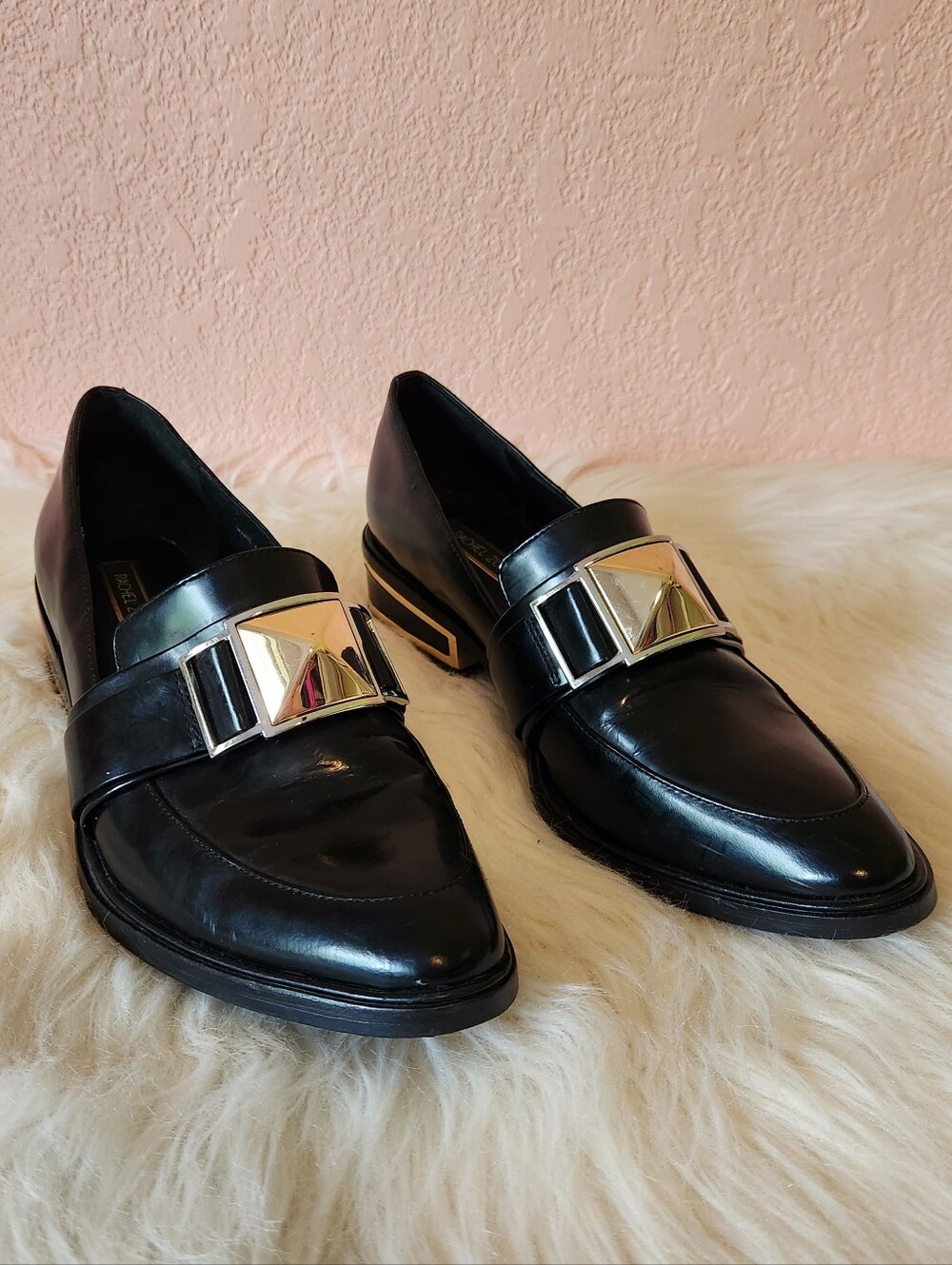 Rachel Zoe Baisley Black Patent Gold Accent Point Toe Block Heel Loafers 7.5